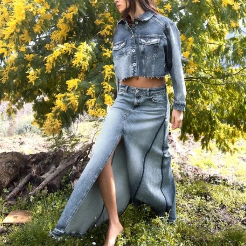 Zara Z1975 Slit Patchwork Denim Skirt - Picture 2 of 6